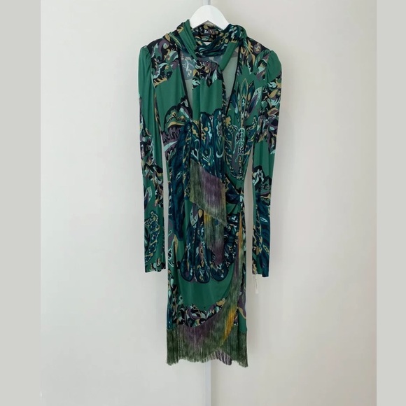 EMILIO PUCCI GREEN PRINTED FRINGE DRESS MODEL 17RG89 IT 46 / US 12 NWTS!
